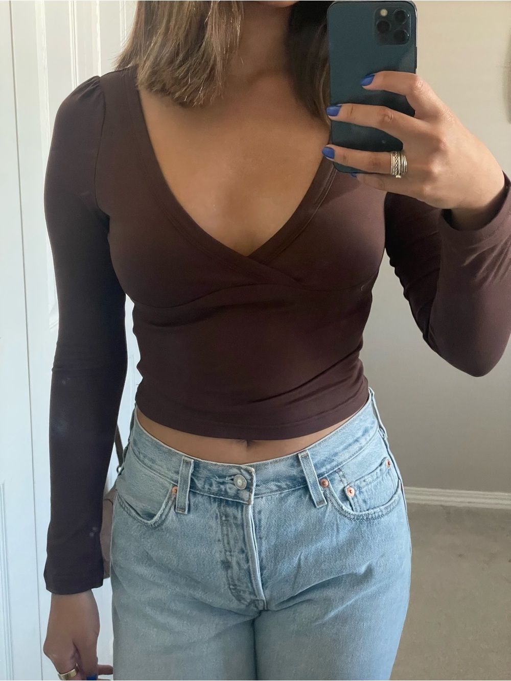 Women's Chocolate Brown Long Sleeve Wrap Crop Top
